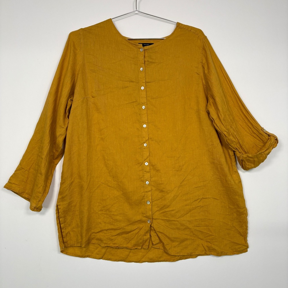 Tahari Womens Blouse 1X Yellow 100% Linen Button Up Roll Tab Sleeve Natural Fibr